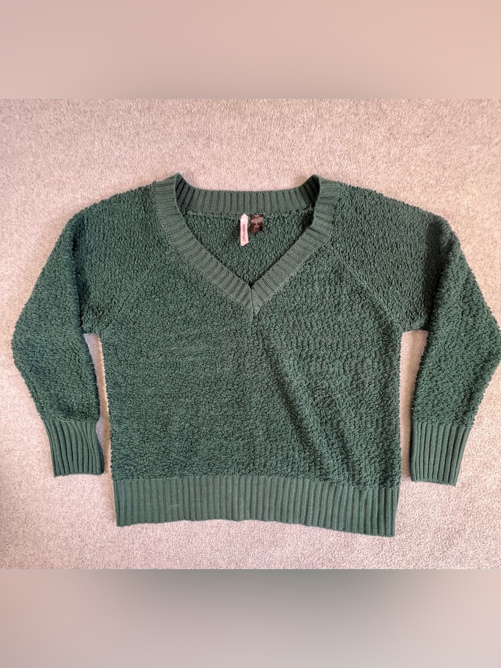 Love By Design Womens Large Popcorn Knit Sweater Green V Neck Cozy Soft